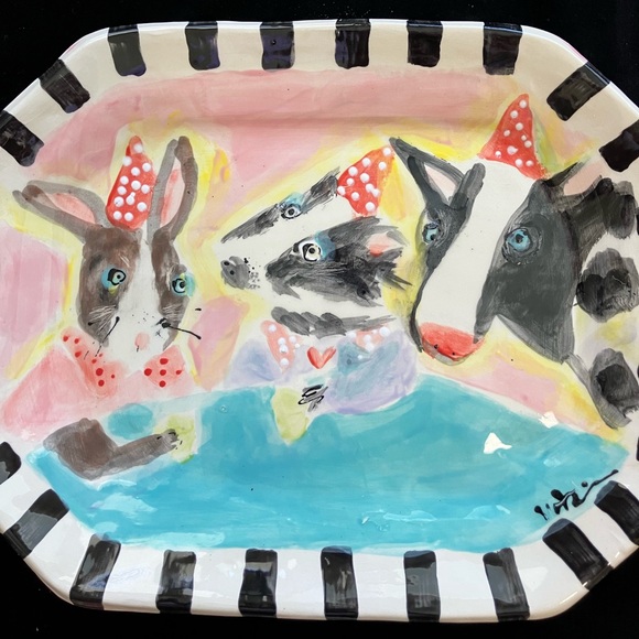 Bunny’s Tea Party “Handmade Ceramic 8 Sided Platter 13”x10” - Picture 2 of 11
